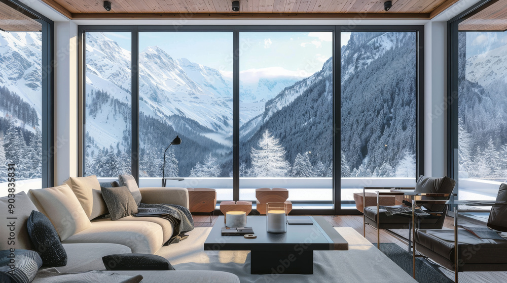 A luxurious living room with floor-to-ceiling windows offers a breathtaking, snowy mountain view, combining warmth and modern elegance in a serene retreat. A luxurious living room with floor-to-ceiling windows offers a breathtaking, snowy mountain view, combining warmth and modern elegance in a serene retreat.