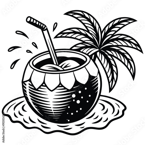 A vivid and lively illustration of a coconut on a beach, designed to be printed on a T-shirt.