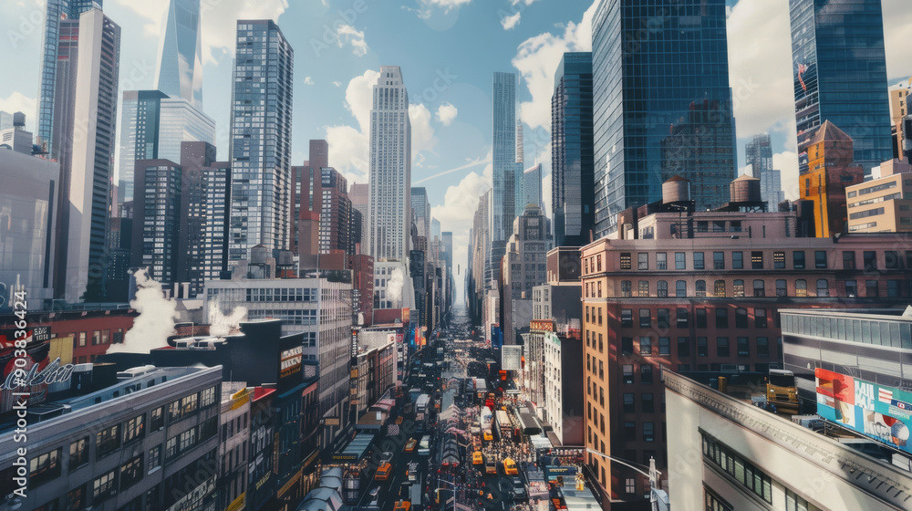 Fototapeta premium A bustling cityscape with towering skyscrapers under a bright sky, capturing urban energy and the busy life of downtown.