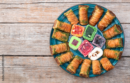 Turkish delight candy with arabic baklava . Rahat lokum photography