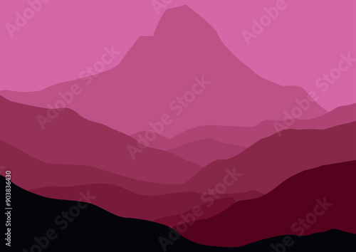 A panoramic vector illustration of mountain layers.