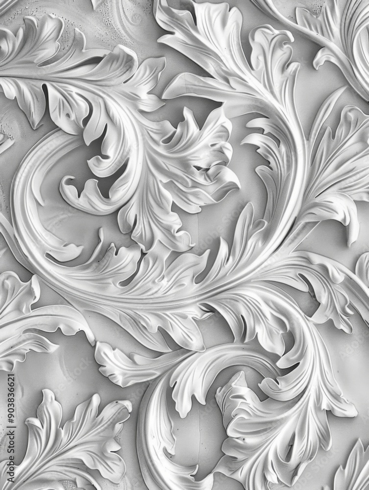 White relief floral pattern. Nature-inspired decoration. A pale grey acanthus pattern. Decorative carving White relief floral pattern. Nature-inspired decoration. A pale grey acanthus pattern. Decorative carving