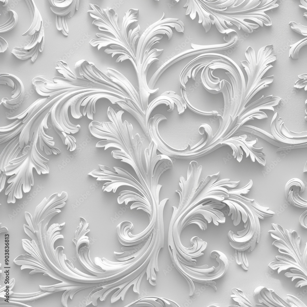 White relief floral pattern. Nature-inspired decoration. A pale grey acanthus pattern. Decorative carving White relief floral pattern. Nature-inspired decoration. A pale grey acanthus pattern. Decorative carving