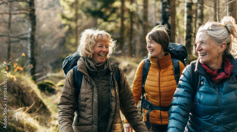 Three elderly women enjoy a laughter-filled hike through a sunlit forest, each reflecting the joy of shared experiences and nature's beauty. Three elderly women enjoy a laughter-filled hike through a sunlit forest, each reflecting the joy of shared experiences and nature's beauty.