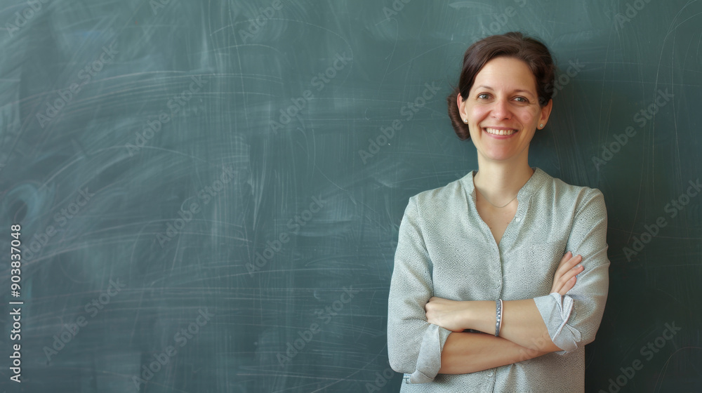A smiling woman with arms crossed stands against a chalkboard, clearly in a classroom setting, emanating warmth and approachability. A smiling woman with arms crossed stands against a chalkboard, clearly in a classroom setting, emanating warmth and approachability.