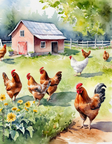 Free range chicken farm with chicken in garden outdoors
