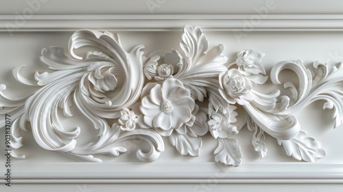 White relief floral pattern. Nature-inspired decoration. A pale grey acanthus pattern. Decorative carving