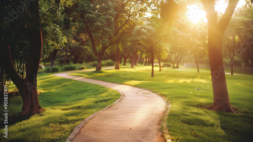 Sunlight filters through the trees, casting a warm glow on a winding path in a peaceful park.