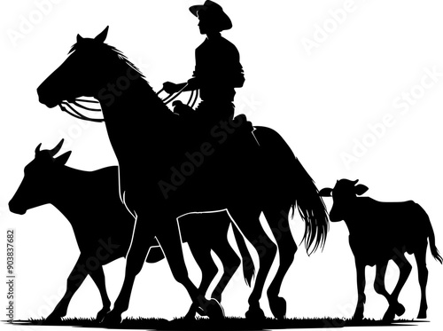 Silhouette cowboy herding cows in the ranch