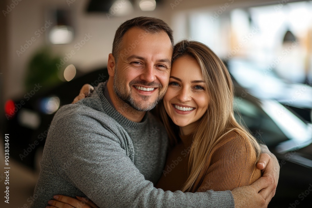 A happy couple bought a new car at a car showroom , ai A happy couple bought a new car at a car showroom , ai