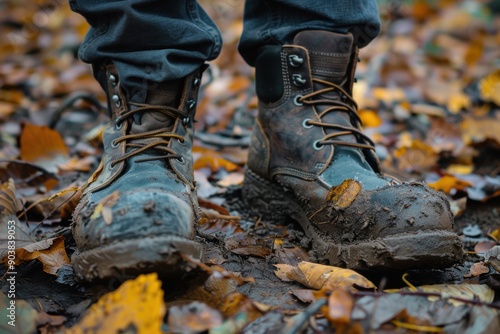 Work Boot. Several Pairs of Black Work Boots with Closeup Detail on Autumn Background