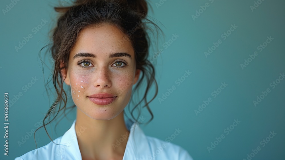 Female dermatologist portrait, confident and approachable demeanor, clear complexion, professional attire, suitable for medical publications or marketing materials, ample copy space for text Female dermatologist portrait, confident and approachable demeanor, clear complexion, professional attire, suitable for medical publications or marketing materials, ample copy space for text