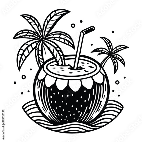 A vivid and lively illustration of a coconut on a beach, designed to be printed on a T-shirt.