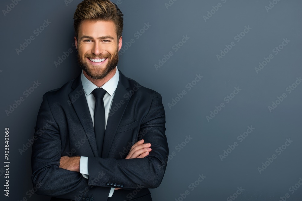 Laughing young businessman in black suit and tie posing with hands crossed looking aside. Achievement career wealth business concept. Mock up text space. Laughing young businessman in black suit and tie posing with hands crossed looking aside. Achievement career wealth business concept. Mock up text space.