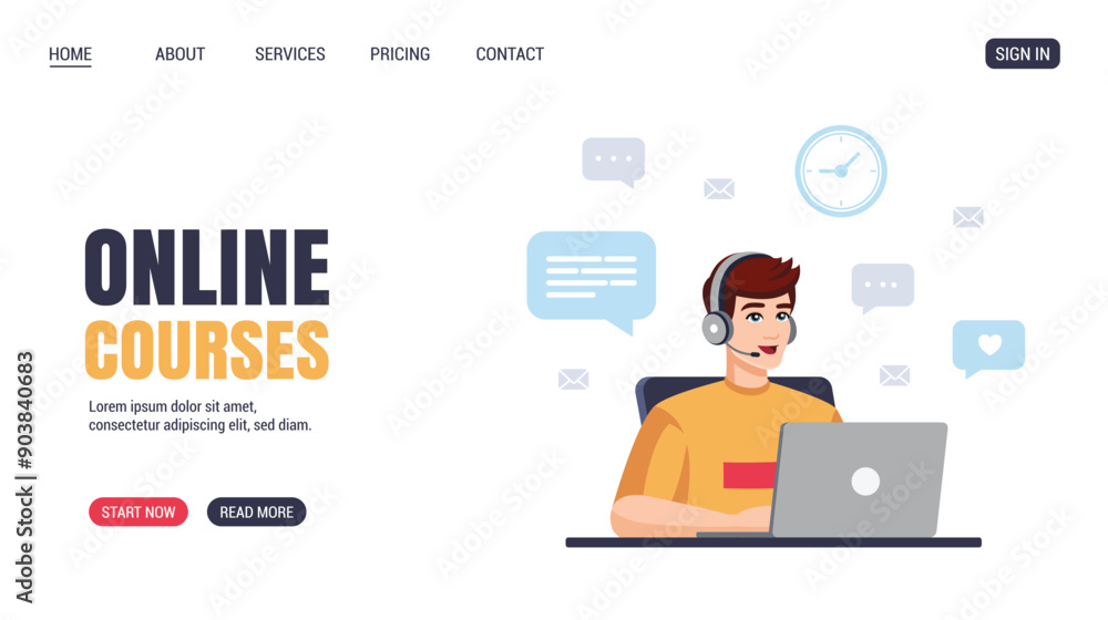 Young man studying or working with laptop. Flat design. Vector illustration, website, web page design. Online education, courses, studying, working, concept. Young man studying or working with laptop. Flat design. Vector illustration, website, web page design. Online education, courses, studying, working, concept.