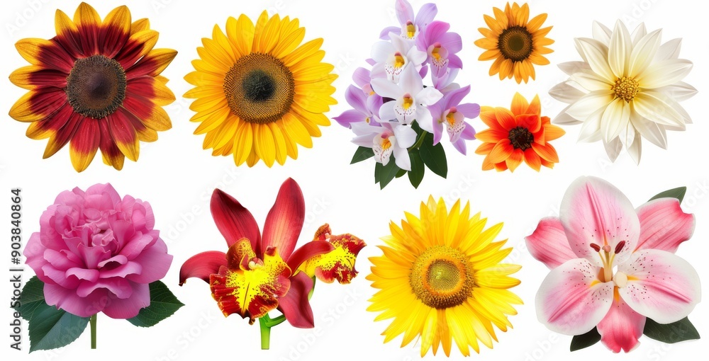 set of various flowers isolated on a transparent background, including sunflowers and daisies, chrysanthemums and orchids, roses and lilies. set of various flowers isolated on a transparent background, including sunflowers and daisies, chrysanthemums and orchids, roses and lilies.