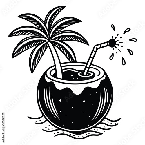 A vivid and lively illustration of a coconut on a beach, designed to be printed on a T-shirt.