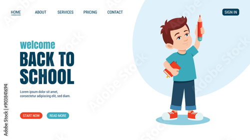 Little boy with pencil and book. Education, knowledge, student concept website, web page design. Vector illustration. Training concept banner. Time to study © Kate Artery19
