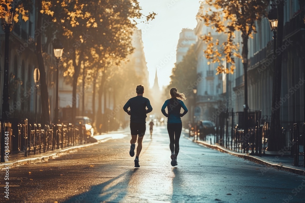 A man and a woman are running along the city street in the morning , ai A man and a woman are running along the city street in the morning , ai
