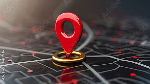 Illuminated Location Pin on a Dark Map Background with Glowing Lights and Bokeh Effects