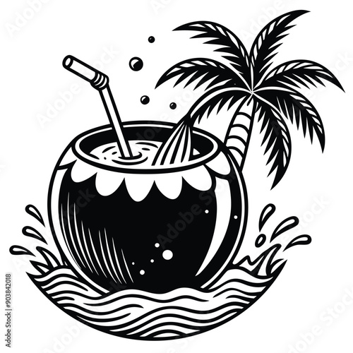 A vivid and lively illustration of a coconut on a beach, designed to be printed on a T-shirt.