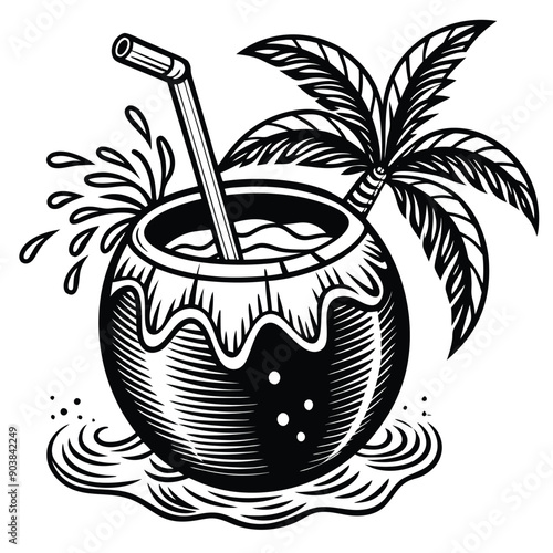 A vivid and lively illustration of a coconut on a beach, designed to be printed on a T-shirt.