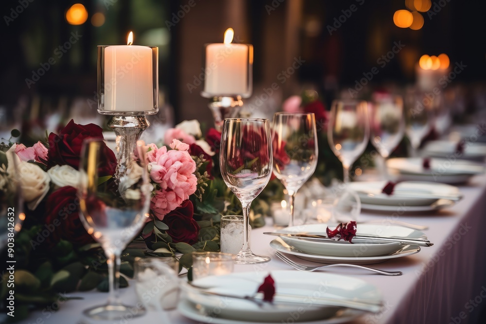 Elegant wedding table setting with glassware and floral centerpiece at a banquet. Elegant wedding table setting with glassware and floral centerpiece at a banquet.