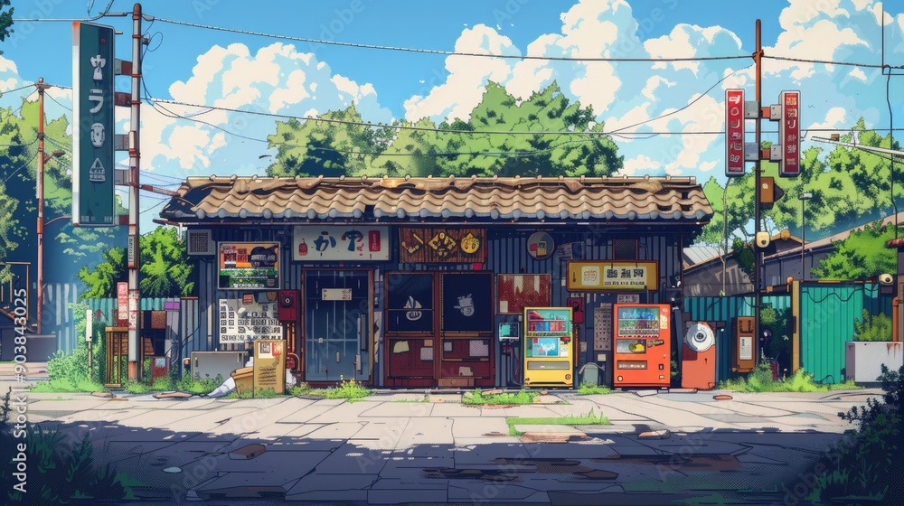 Fototapeta premium A quaint traditional Japanese street scene with vending machines under a sunny sky.