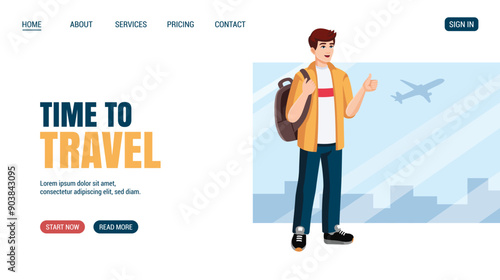 Young man with backpack showing thumbs up at the airport before flight. Flat design, cartoon style. Vector illustration. Travelling concept website, web page.