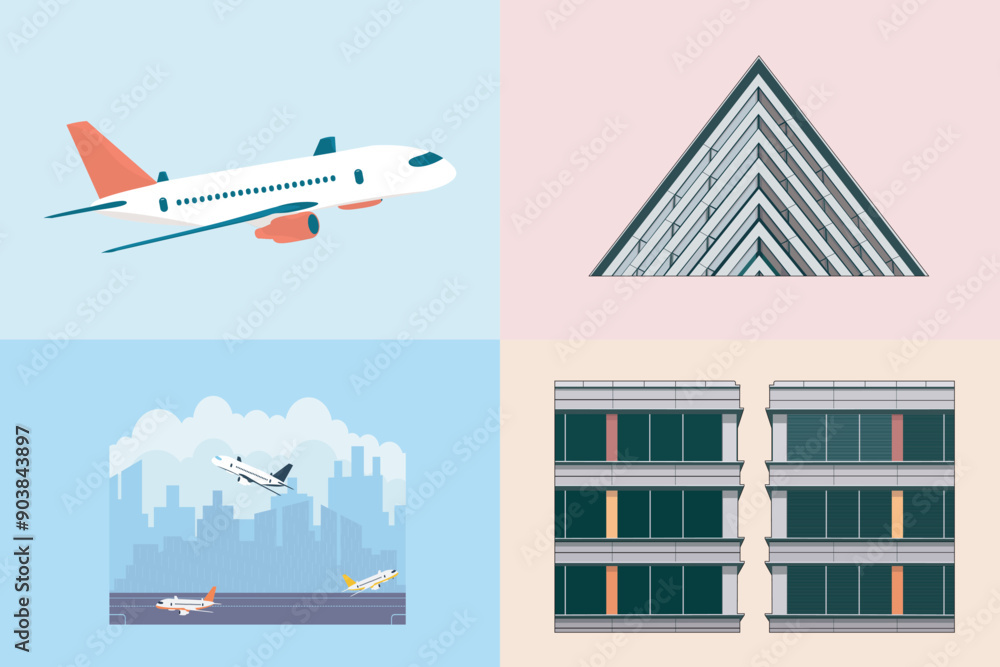 Collection of Flat designs of retro and modern city houses with Aeroplanes illustrations. Vector abstract architecture illustration. Collection of Flat designs of retro and modern city houses with Aeroplanes illustrations. Vector abstract architecture illustration.