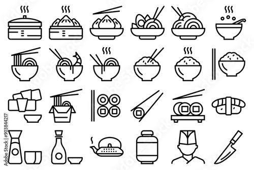 Icon Set mit asiatischem Essen. Dumplings, Nudeln, Schüsseln, Stäbchen, Take Away. Vollständig editierbar.