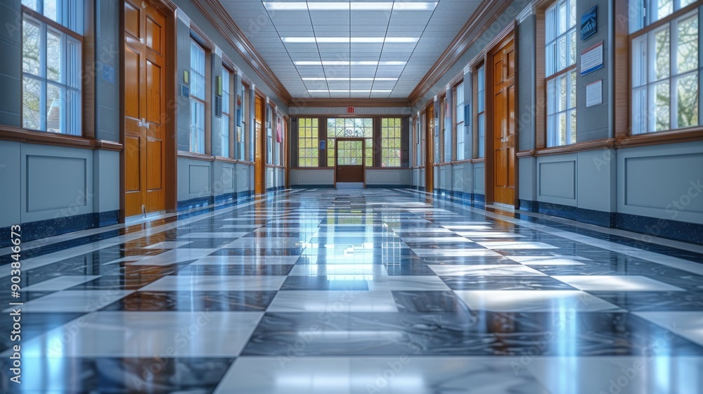 Empty School Hallway with Checkered Floor Empty School Hallway with Checkered Floor