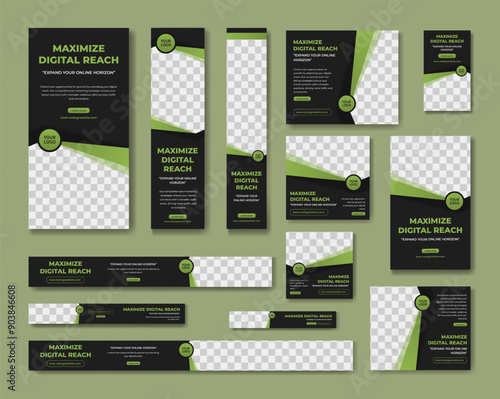 Website ads banner design template set, color black and green business template premium vector. Suitable for social media, advertising, marketing campaigns