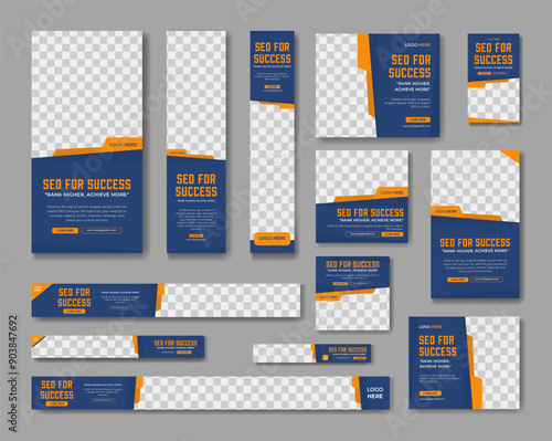 SEO banners website optimization with blue and orange background. Perfect for advertising digital marketing services or SEO tools