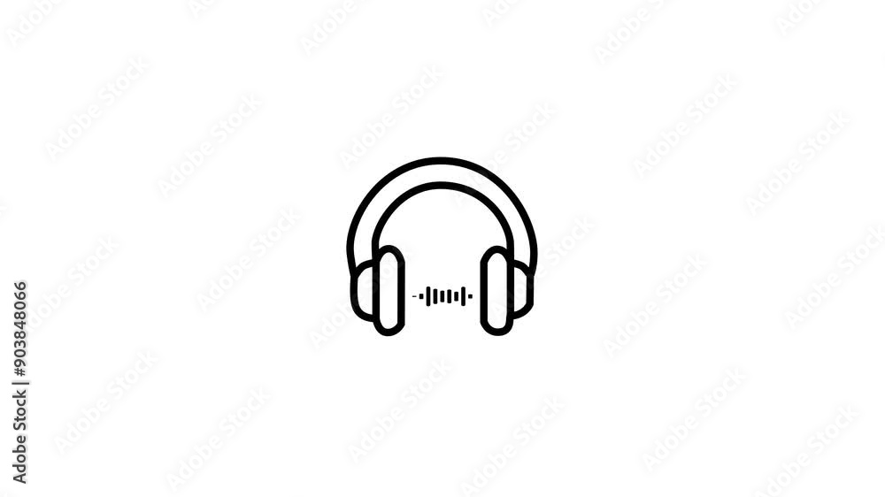 Black color headphone icon animation and show sound system. Headset music animated icon. Audio playing. Portable device, accessory on the white background. Black color headphone icon animation and show sound system. Headset music animated icon. Audio playing. Portable device, accessory on the white background.