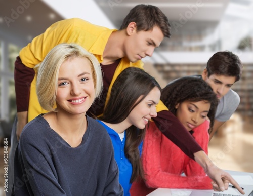 Happy High School Students Study together