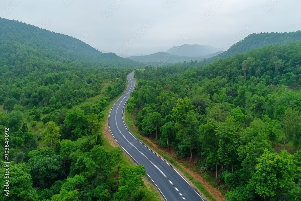 Aerial view asphalt road on green forest, Curve asphalt road on mountain green forest, Countryside road passing green forrest and mountain , ai Aerial view asphalt road on green forest, Curve asphalt road on mountain green forest, Countryside road passing green forrest and mountain , ai