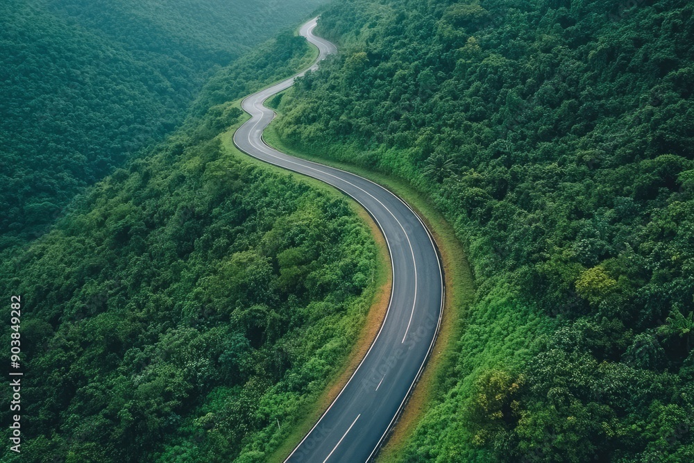 Aerial View Asphalt Road On Green Forest Curve Asphalt Road On 