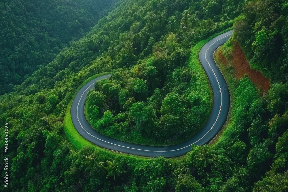 Aerial view asphalt road on green forest, Curve asphalt road on mountain green forest, Countryside road passing green forrest and mountain , ai Aerial view asphalt road on green forest, Curve asphalt road on mountain green forest, Countryside road passing green forrest and mountain , ai