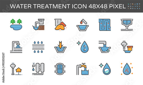 Water treatment plant, production vector icon. Remove dirty, sludge from waste water, sewage by purification, filtration for clean. Industrial process system for tap water supply, editable stroke.
