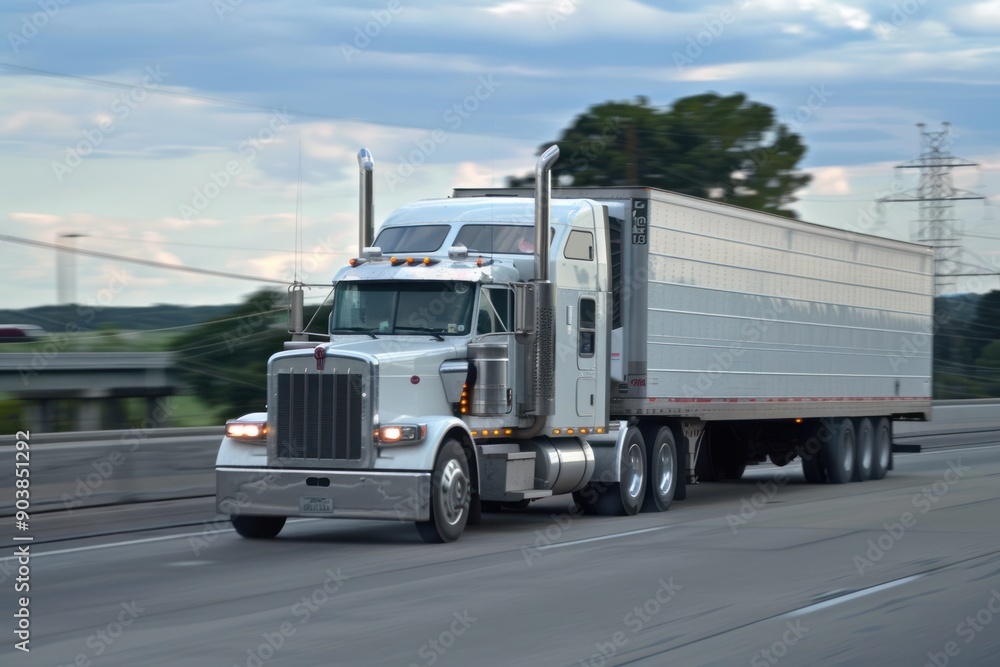 Semi-truck with a large trailer in motion on a highway Semi-truck with a large trailer in motion on a highway