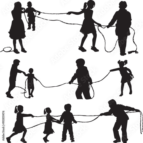 Children Flying Artistic Silhouette Elements in Black