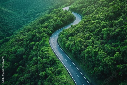 Aerial view asphalt road on green forest, Curve asphalt road on mountain green forest, Countryside road passing green forrest and mountain , ai