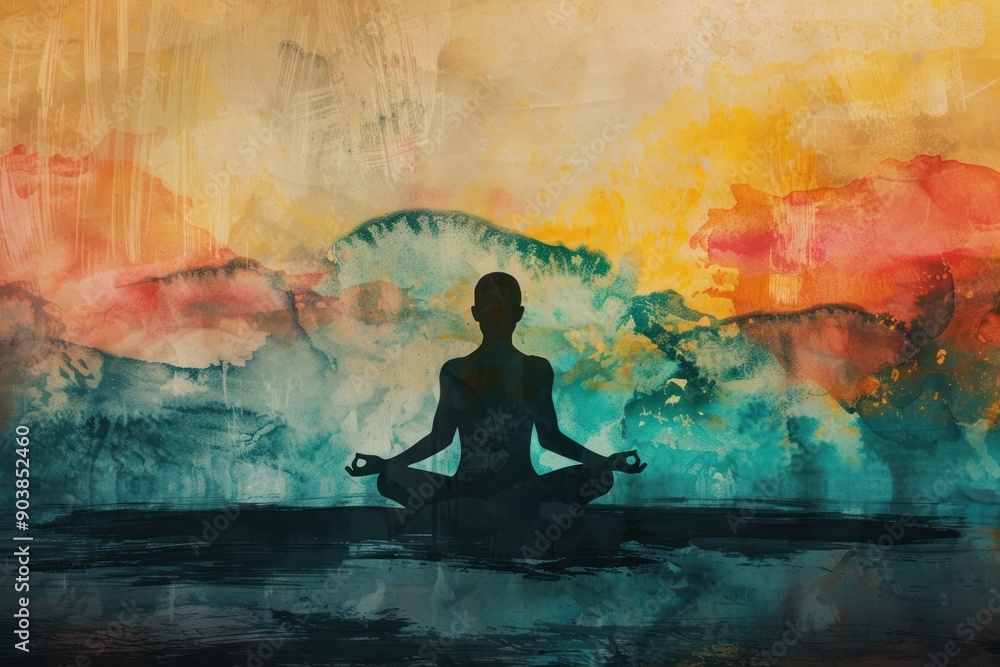 Silhouette of a person meditating in lotus pose placed on vectorized abstract watercolor and chalk background Silhouette of a person meditating in lotus pose placed on vectorized abstract watercolor and chalk background