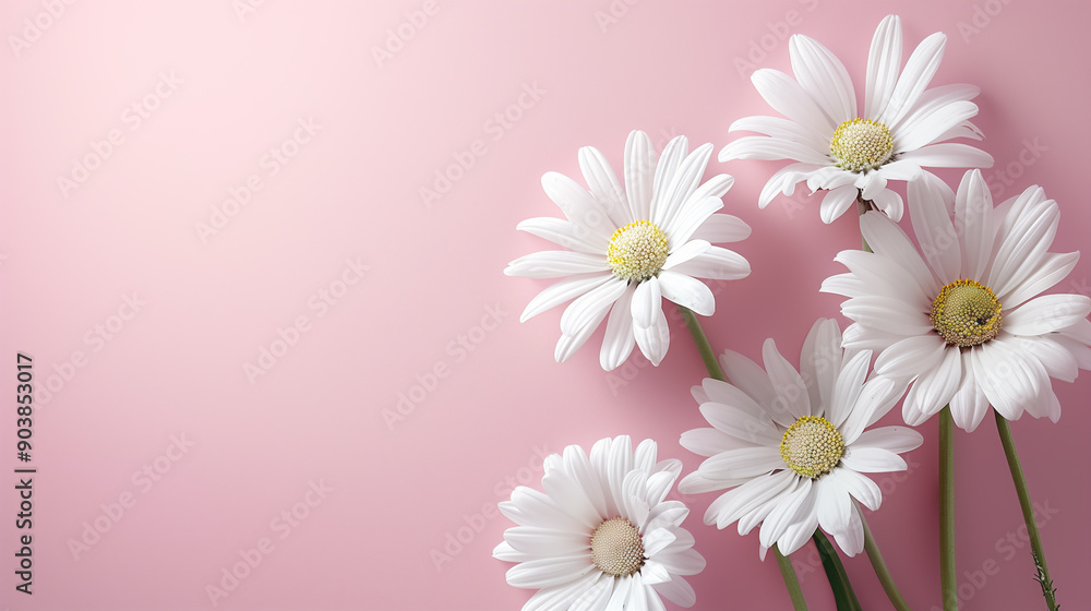 Simple chamomile flowers on a pale pink background with empty space for text Simple chamomile flowers on a pale pink background with empty space for text