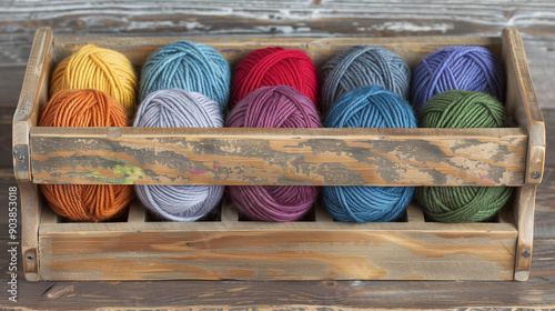 Colorful knitting yarn rolls in wooden crate