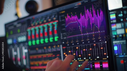 music production software on a computer screen, with a producer adjusting the mix .International Music Day