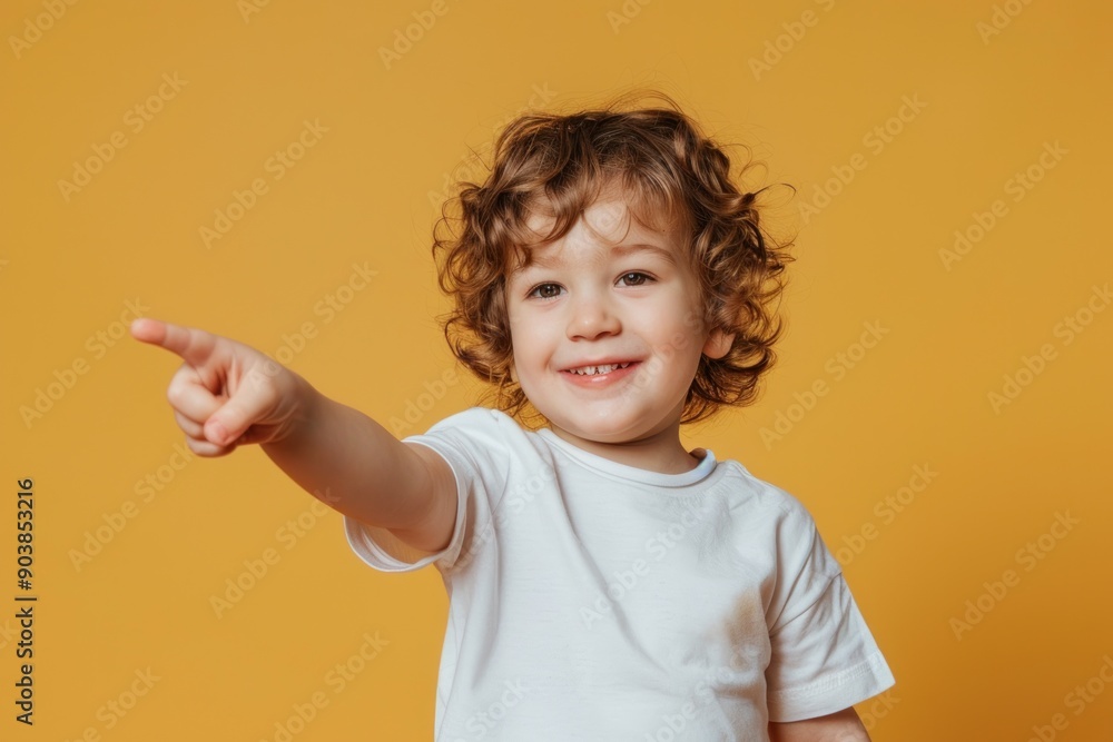 Smiling young kid pointing at something isolated on solid color background Smiling young kid pointing at something isolated on solid color background