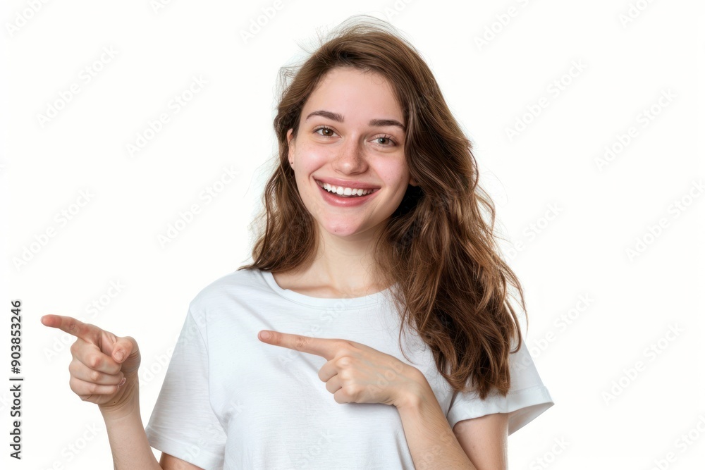 Smiling young woman pointing at something isolated on white color background Smiling young woman pointing at something isolated on white color background