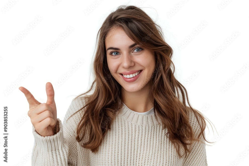Smiling young woman pointing at something isolated on white color background Smiling young woman pointing at something isolated on white color background